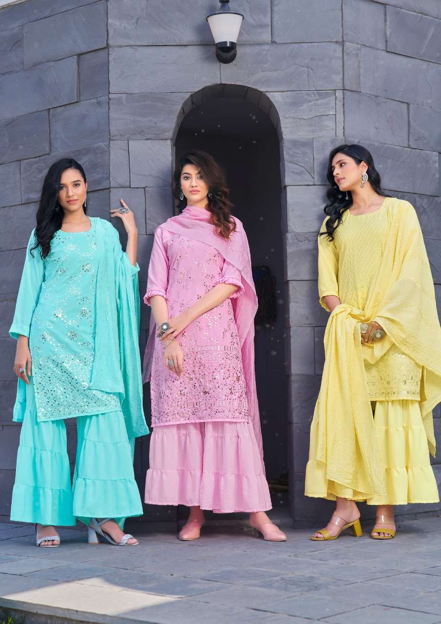 Anieya-Kavya Vol-1-Georgette-Mirror Work-Kurti-Sharara-Dupatta-Collage1
